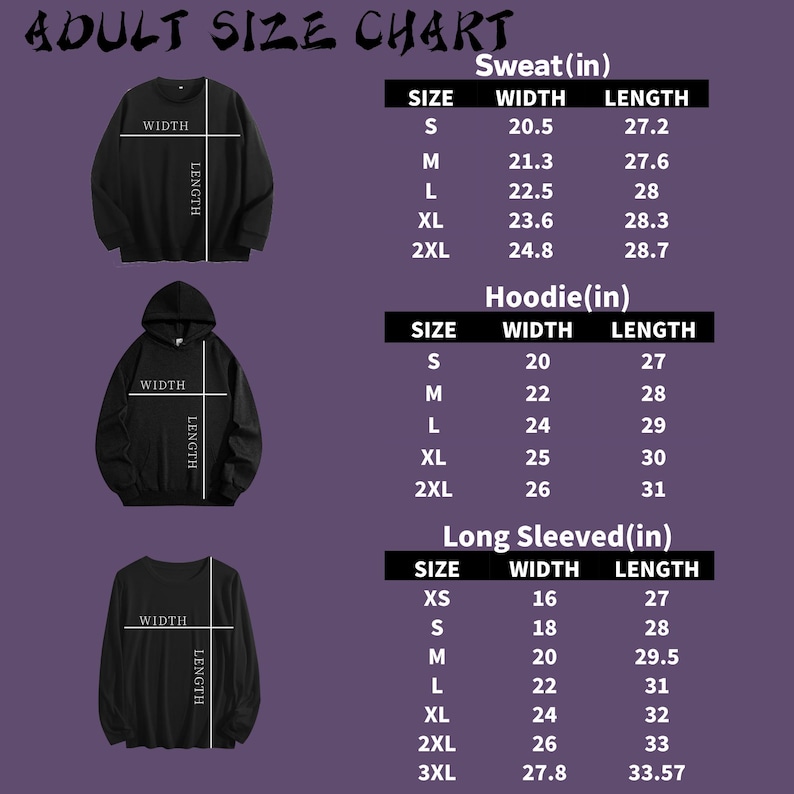 Op de afbeelding: Een volwassen maattabel voor sweatshirts, hoodies en shirts met lange mouwen. De tabel toont de afmetingen in inches voor breedte en lengte, met maten van XS tot 3XL. De afbeelding bevat illustraties van elk kledingtype.