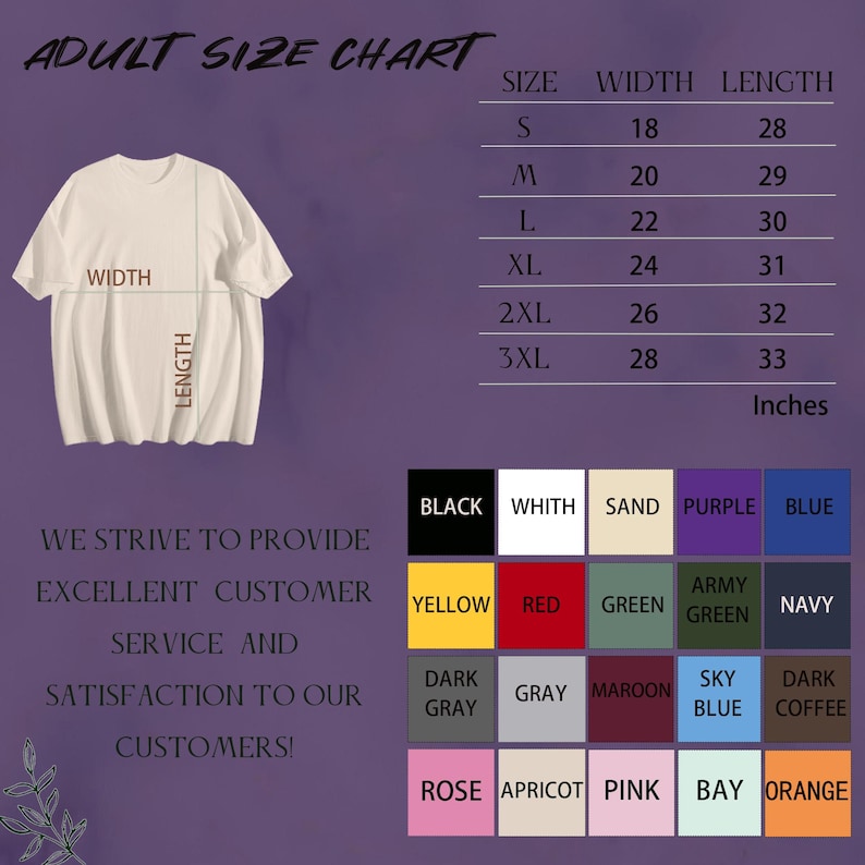 Op de afbeelding: Cr&egrave;mekleurig T-shirt met een maattabel en kleurstalen. De tabel geeft de maten S tot en met 3XL weer, met breedte- en lengtematen in inches. Kleuropties zijn zwart, wit, zand, paars, blauw, geel, rood, groen, legergroen, marine, donkergrijs, grijs, kastanjebruin, hemelsblauw, donker koffie, roze, abrikoos, roze, baai en oranje.