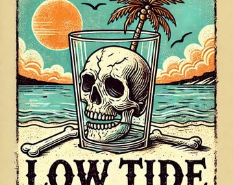 May include: A vintage-style illustration of a skull inside a glass with a palm tree growing out of the top. The glass is sitting on a beach with a blue ocean and a setting sun in the background. The text "LOW TIDE" and "KATE'S COVE" is below the glass.