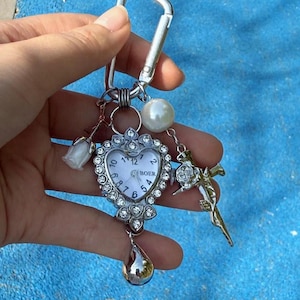 Y2K pearl watch bag accessory, heart watch keychain, cute bag pendant, gothic cross bag charm, Unique clock keychain, watch gift for her