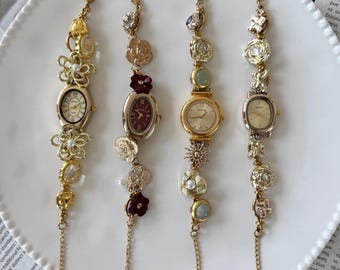 Bracciale vintage con pietre preziose per lei, elegante orologio da polso in oro, braccialetto con ciondolo Y2K, gioielli retrò in oro, orologio con quadrante rosso, regalo orologio alla moda