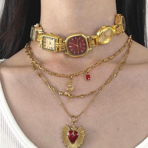 Punk red dial watch choker necklace,Vintage gold watch choker,heart charm layered necklace,Y2K clock jewelry,trendy gold watch necklace gift
