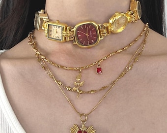 Punk red dial watch choker necklace,Vintage gold watch choker,heart charm layered necklace,Y2K clock jewelry,trendy gold watch necklace gift