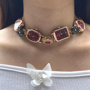 Vintag Punk Watch Choker Necklace,Red Dial Gold Watch Choker, Red Button Charm Choker,Trendy Heart Watch Jewelry,Y2K Clock Choker Gift