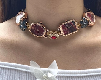 Vintag Punk Watch Choker Necklace,Red Dial Gold Watch Choker, Red Button Charm Choker,Trendy Heart Watch Jewelry,Y2K Clock Choker Gift