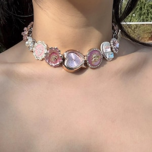 Y2K pink watch choker necklace,punk clock jewelry, pink button charm necklace,trendy streetwear choker, cute edgy necklace.Unique watch gift
