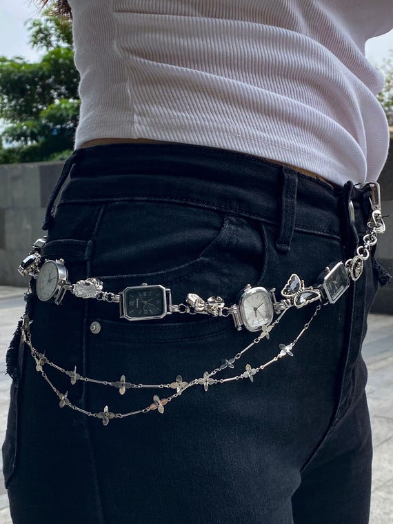 Punk Silver Black&White Watch Bag Strap,Chunky Pants Chain,Y2K Pants Accessory,Silver Clcok Pants Chain,Watch Waist Chain,Y2K Clock Belt