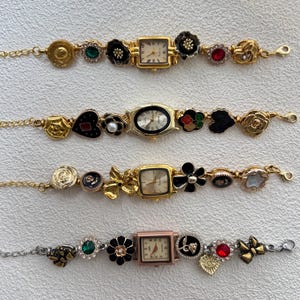 Vintage gold charm watch bracelet for her, gold button bracelet, elegant pearl watch,Y2K gold watch,wedding anniversary watch jewelry gift