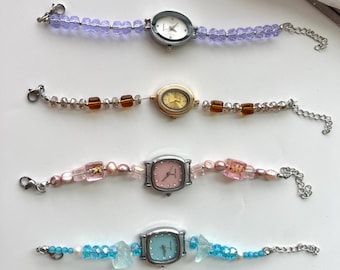 Pulsera de reloj de cristal colorido, reloj vintage con piedras preciosas de ojo de tigre, pulsera de piedras preciosas moradas, reloj de pulsera vintage para mujer, reloj rosa Y2K de regalo.