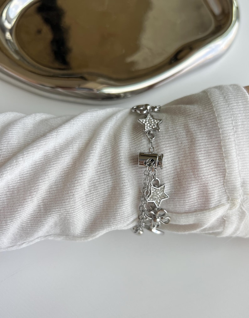 Vintage Silver Beads Bracelet Apple Watch Band,Handmade Apple Watch Band,Star Charm Bracelet for Smartwatch Band,Y2K Silver Watch Strap Gift image 8