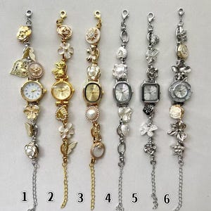 Vintage charm watch bracelet, gold button bracelet, silver wrist watch, vintage pearl watch,Y2K watch,wedding anniversary watch jewelry gift
