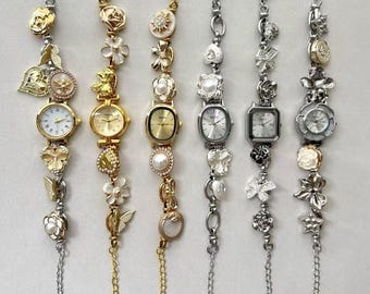 Vintage charm watch bracelet, gold button bracelet, silver wrist watch, vintage pearl watch,Y2K watch,wedding anniversary watch jewelry gift