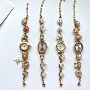 Vintage button watch bracelet,gold wrist watch,retro bead wrist watch for her,elegant pearl watch,Y2K pink watch,wedding anniversary watch