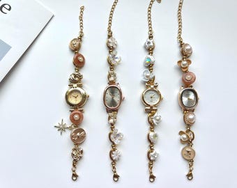 Pulsera de reloj con botón vintage, reloj de pulsera dorado, reloj de pulsera retro con cuentas para ella, elegante reloj de perlas, reloj rosa Y2K, reloj de aniversario de bodas