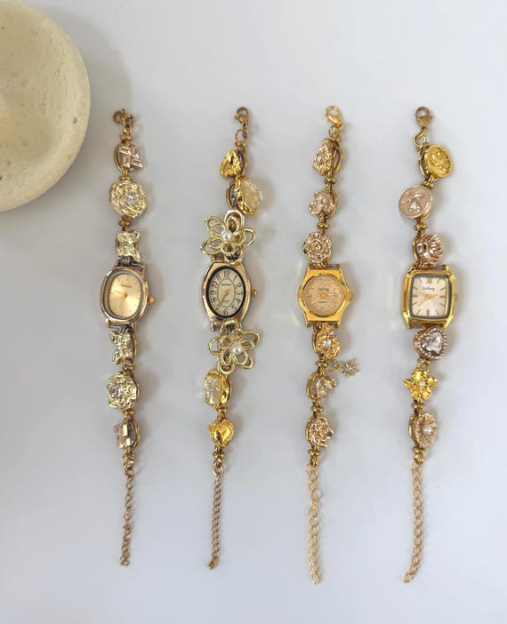 Vintage gold charm watch bracelet,gold watch jewelry for woman,elegant pearl watch bracelet,gemstone wrist watch,Y2K flower charm bracelet