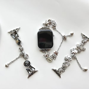 Vintage Silver Beads Bracelet Apple Watch Band,Handmade Apple Watch Band,Star Charm Bracelet for Smartwatch Band,Y2K Silver Watch Strap Gift image 1