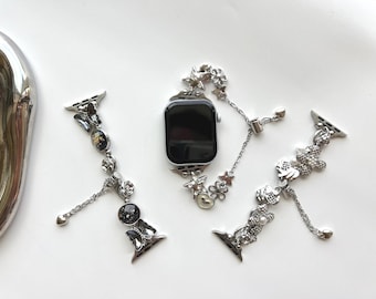 Vintage Silver Beads Bracelet Apple Watch Band,Handmade Apple Watch Band,Star Charm Bracelet for Smartwatch Band,Y2K Silver Watch Strap Gift