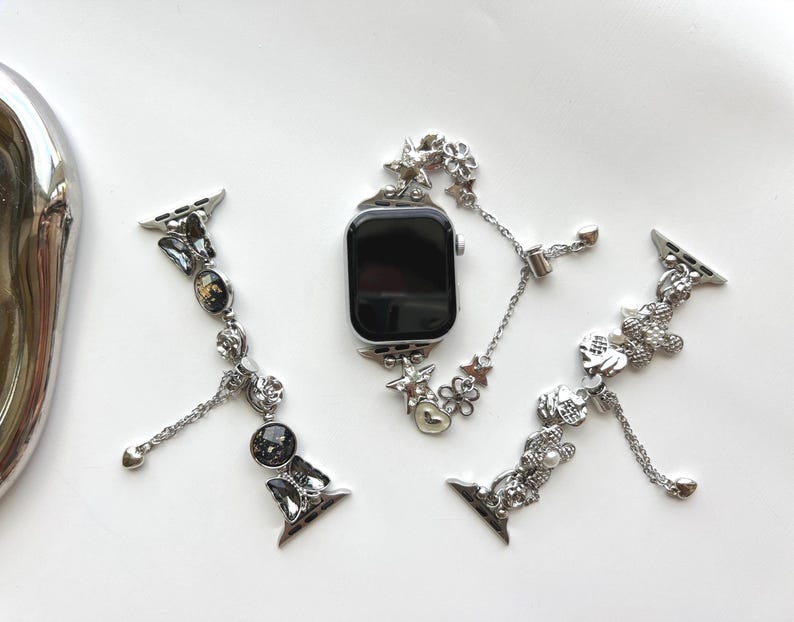 Vintage Silver Beads Bracelet Apple Watch Band,Handmade Apple Watch Band,Star Charm Bracelet for Smartwatch Band,Y2K Silver Watch Strap Gift image 1