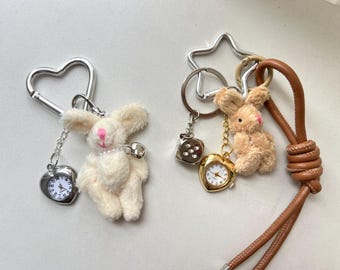 Y2K watch keychain,rabbit bag accessory, heart watch charm accessory,woven rope bag charm,unique gold clock keychain,cute bag accessory gift