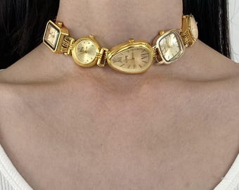 Punk gold watch choker necklace,vintage heart charm layered necklace,Y2K clock jewelry,trendy gold watch necklace,unique watch dial jewelry