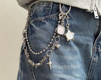 Punk Silver Watch Pants Chain,Y2K Star Charm Pants Accessory,Chunky Layered  Pants Chain,Gothic Cross Star Watch Keycahin,Watch Waist Chain