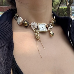 Vintage Gold Watch Choker Necklace,Punk Watch Jewelry, Y2K Clock Choker, Gold Chain Choker, Edgy Charm Watch Choker Necklace for Women & Men
