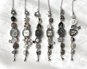 Vintage charm silver watch bracelet,black&white watch,elegant pearl watch,Y2K charm watch,woman's wrist watch,wedding anniversary watch gift