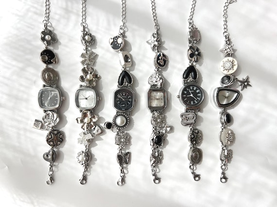 Vintage charm silver watch bracelet,black&white watch,elegant pearl watch,Y2K charm watch,woman's wrist watch,wedding anniversary watch gift