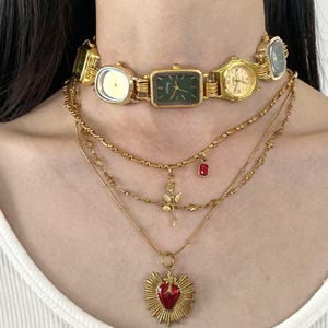 Punk gold watch choker necklace,Vintage green watch choker,heart charm layered necklace,Y2K clock jewelry,trendy gold watch necklace gift