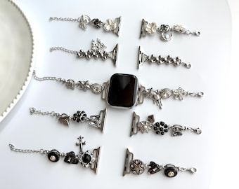 Vintage Charm Apple Watch Band,Pearl Beaded Apple Watch Strap,Heart Charm Bracelet for Smartwatch Band,Black&White Silver Charm Watch Strap