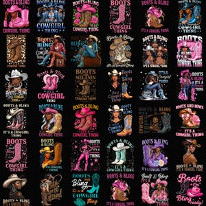 Op de afbeelding: Een verzameling grafische ontwerpen met cowgirl laarzen, hoeden en vrouwen. De ontwerpen bevatten de zinnen "Boots & Bling" en "It's a Cowgirl Thing" in verschillende lettertypen en kleuren, tegen een zwarte achtergrond.