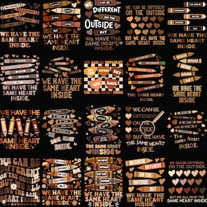 Peut inclure: Fond noir avec plusieurs motifs de crayons et de coeurs. Chaque motif comprend la phrase "Nous pouvons être différents à l'extérieur, mais nous avons le même cœur à l'intérieur."