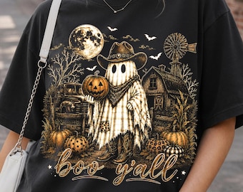 Boo Y'all Ghost PNG, Western Halloween Ghost Sublimation, Vintage Farmhouse Ghost Cowgirl PNG, Spooky Fall Country Shirt Design