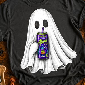 Op de afbeelding: Een zwart t-shirt met een witte gestippelde spookillustratie die een paars Alani energiedrankblikje vasthoudt. Het etiket toont de tekst Witch's Brew, Naturally Flavored, Alani, Energy, met een afbeelding van een groene pompoen in een ketel.