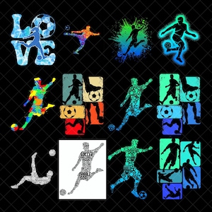Colorful Soccer Silhouette PNG Bundle, Soccer Player Kick Dribble Action Shirt Sublimation, Watercolor Retro Block Digital Download