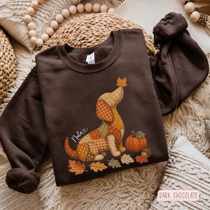 Fall Dachshund Sweatshirt: Personalized Faux Patchwork Wiener Dog Crewneck, Custom Doxie Mom Gift, Pumpkin Sausage Dog Lover Sweater, Autumn