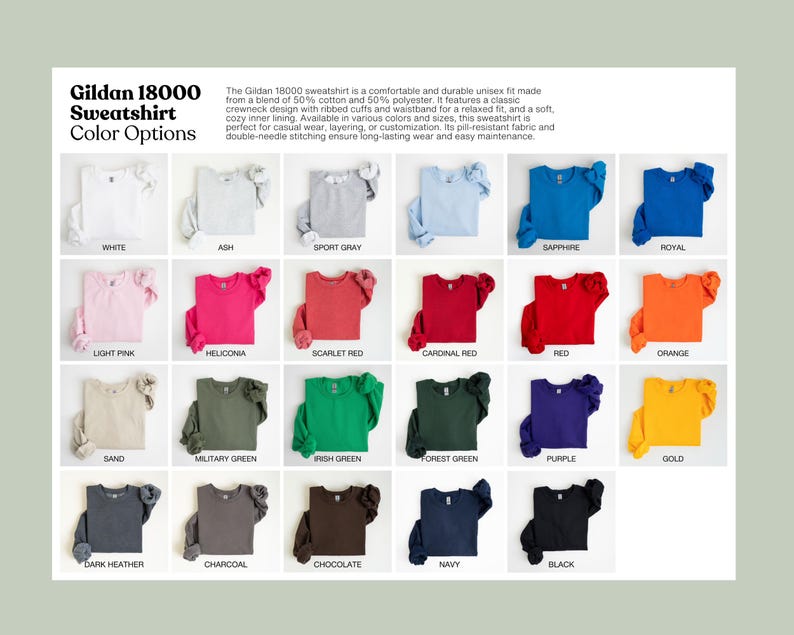 May include: A display of Gildan 18000 sweatshirts in various colors, including white, ash, sport gray, sapphire, royal, light pink, and more. The image shows the color options available for the sweatshirt.