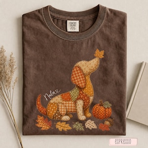 Comfort Colors® Faux Patchwork Dachshund Shirt: Personalized Fall Wiener Dog Tee, Custom Autumn Doxie T-Shirt, Sausage Dog Gift