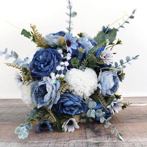 Navy Blue Peony Wedding Bouquet: Eucalyptus Boho Bridal Flowers