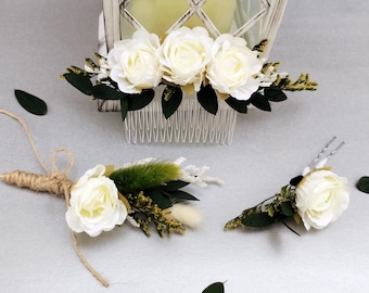 Bridal Hair Comb with Dried Flowers – White & Green Wedding Hairpiece, Floral Hair Pins, Groom’s Buttonhole, Boho Bride Hair Accessory