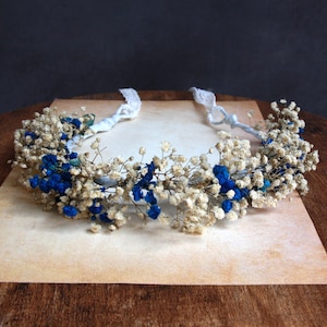 Dried Gypsophila Flower Crown: White & Navy Blue Bridal Hair Accessory