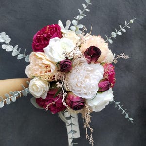Burgundy and Cream Wedding Bouquet | Pastel Peony & Eucalyptus Bridal Flowers | Rustic Boho Faux Florals for Bride or Bridesmaid