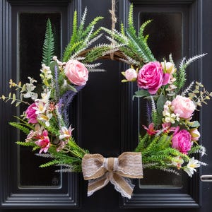 Summer Floral Wreath – Peony and Greenery Door Wreath, Rustic Cottagecore Front Door Decor, Farmhouse Style Home Accent, Gift for Her
