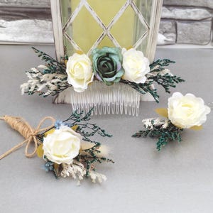 White & Blue Floral Bridal Hair Comb: Preserved Flower Wedding Piece