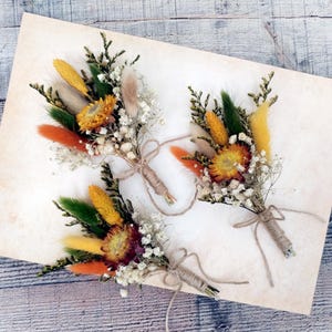 Burnt Orange Dried Flower Buttonholes: Rustic Boho Wedding Accessory, Groom & Groomsmen Boutonniere
