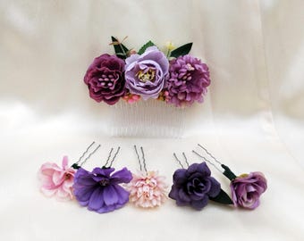 Purple Floral Hair Comb and Hair Pins – Bridal Hair Set with Peony Daisy Rose Flowers – Bridesmaid or Bride Wedding Hair Accessory