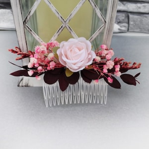 Blush Pink Flower Hair Comb – Floral Wedding Hair Piece for Bride or Bridesmaid – Dusty Pink and Burgundy Boho Bridal Hair Accessory