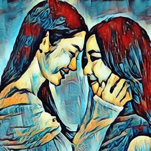 May include: An artistic digital painting depicts two figures in a tender embrace. The figures, with red hair and wearing blue clothing, are close together, their faces touching, conveying a sense of intimacy and connection.