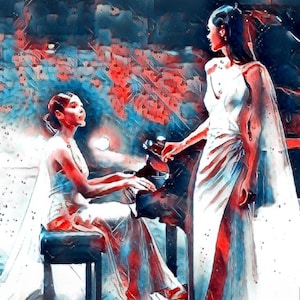 May include: An artistic depiction of two figures in white gowns near a piano. One figure is seated, playing the piano, while the other stands nearby. The background features a blend of red, blue, and white hues.