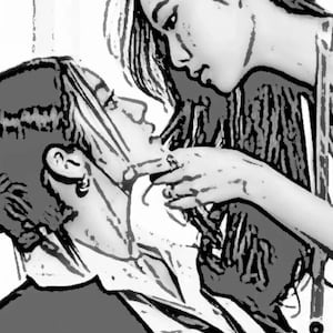 May include: Black and white illustration of two people in an intimate moment. One person is touching the other's face. The image is a close-up, focusing on the faces and upper bodies.